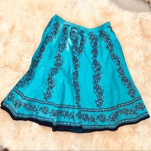 Teal black sequin embroidered flared midi skirt
